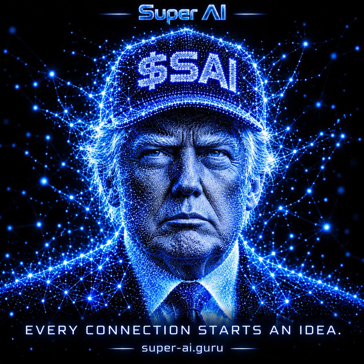 Super AI $SAI artwork of Trump formed from glowing blue particles.